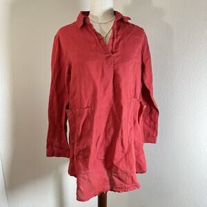 Embellish 100% Linen Tunic Blouse Dark Red Collared Pleated Back Sz S Oversized